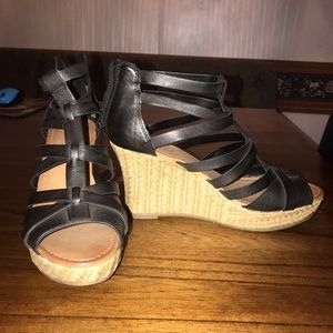Black Caged Leather Woven Wedges